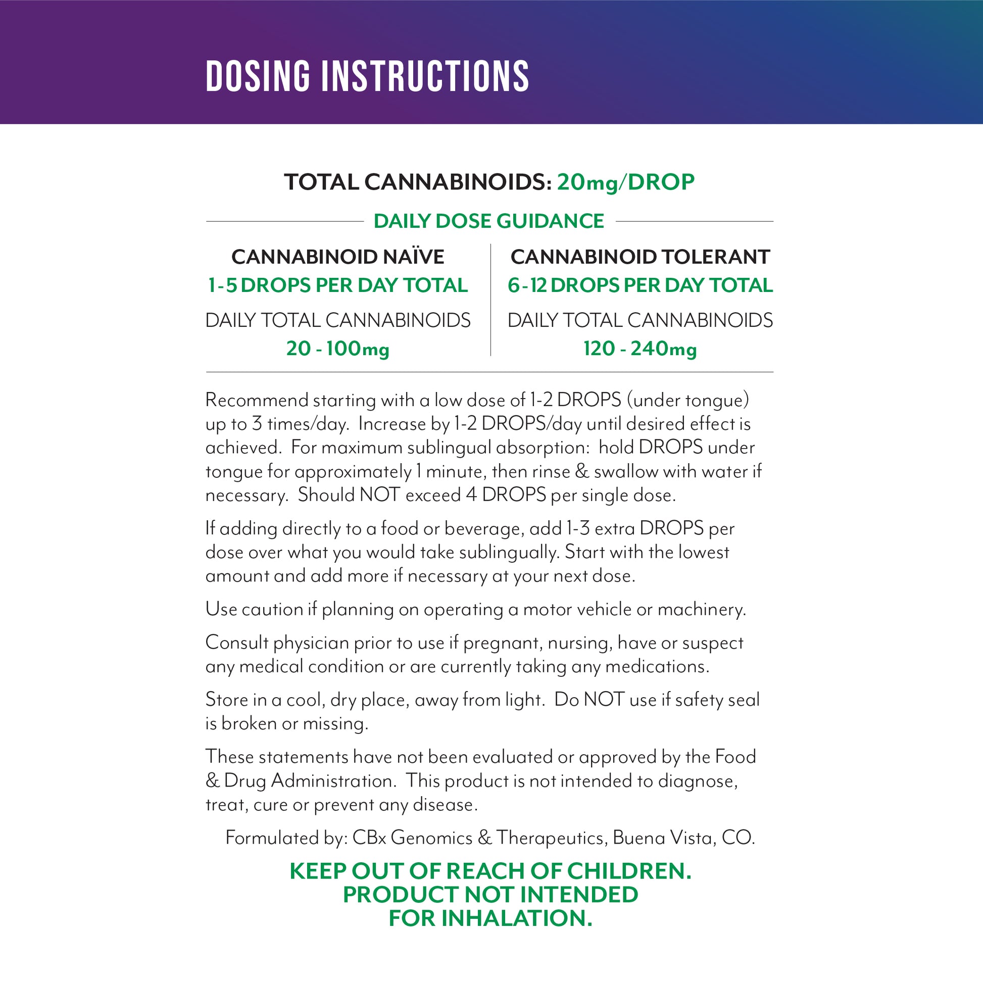 CBxDROPS ORGANIC BROAD SPECTRUM CBD DOSING INSTRUCTIONS